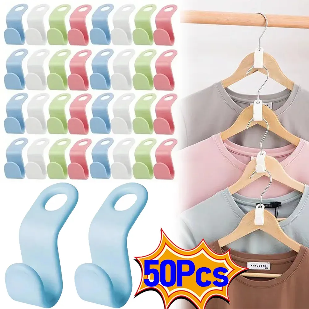 Lot de 5 à 50 crochets pour cintres en plastique, connectables en cascade : organisateur multifonction gain de place pour chambre et armoire