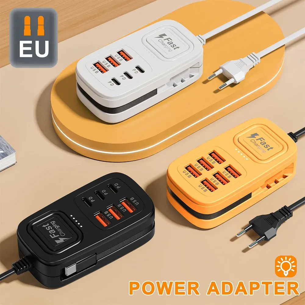 Bloc multiprises USB 6 ports à charge rapide, station de charge de bureau, adaptateur USB HUB avec prises EU/UK/US, 3 ports Type-C et 3 ports USB