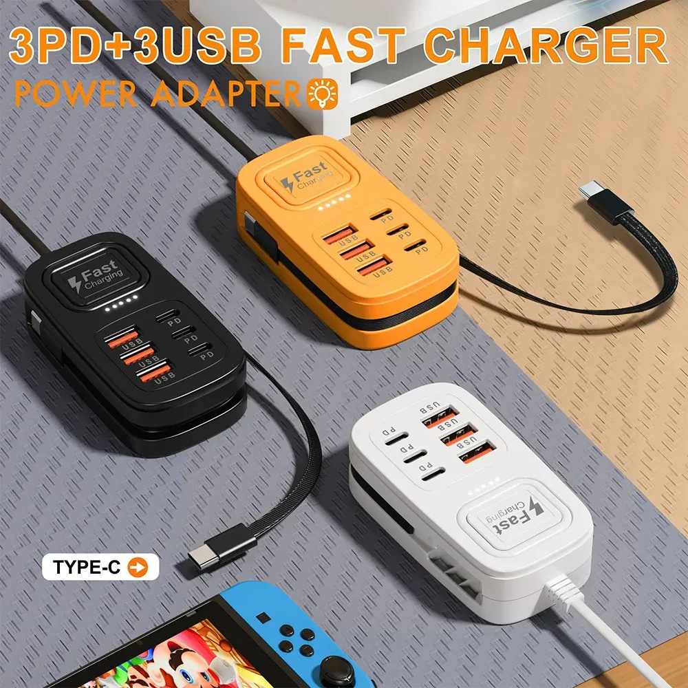 Bloc multiprises USB 6 ports à charge rapide, station de charge de bureau, adaptateur USB HUB avec prises EU/UK/US, 3 ports Type-C et 3 ports USB 3