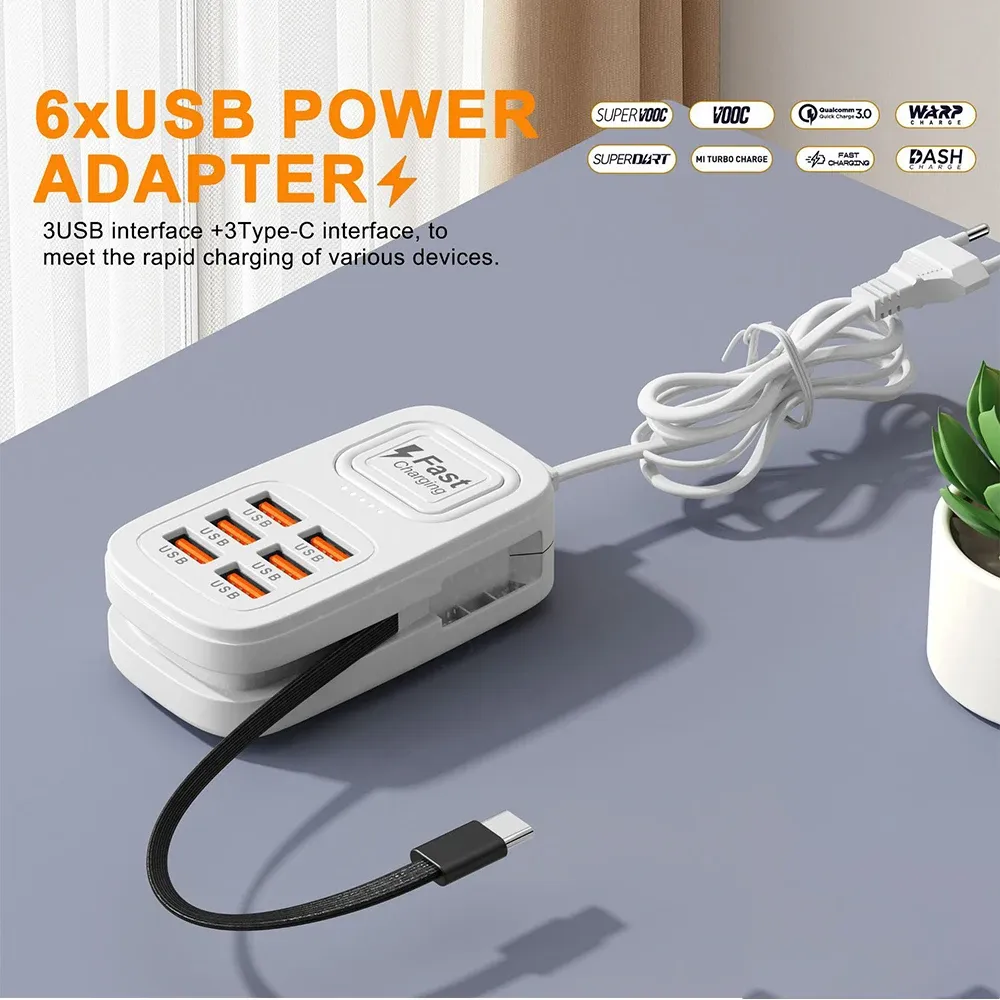 Bloc multiprises USB 6 ports à charge rapide, station de charge de bureau, adaptateur USB HUB avec prises EU/UK/US, 3 ports Type-C et 3 ports USB 2