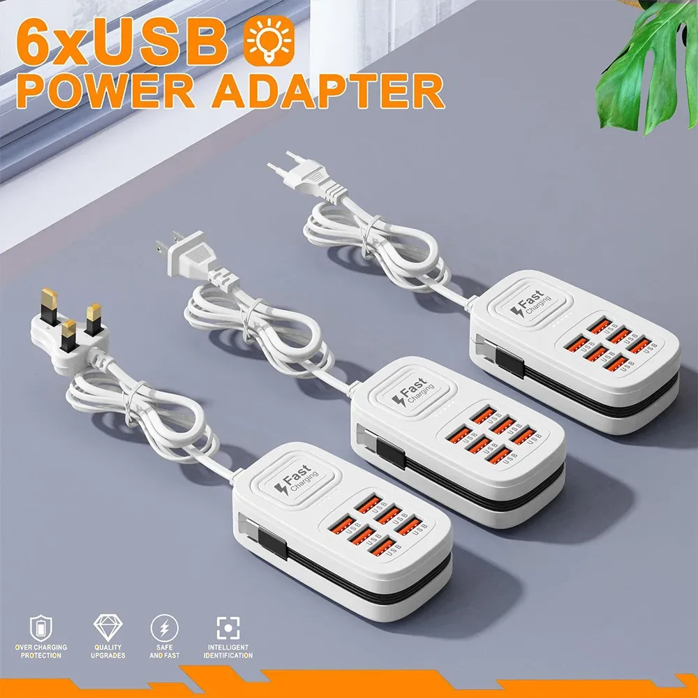 Bloc multiprises USB 6 ports à charge rapide, station de charge de bureau, adaptateur USB HUB avec prises EU/UK/US, 3 ports Type-C et 3 ports USB 4
