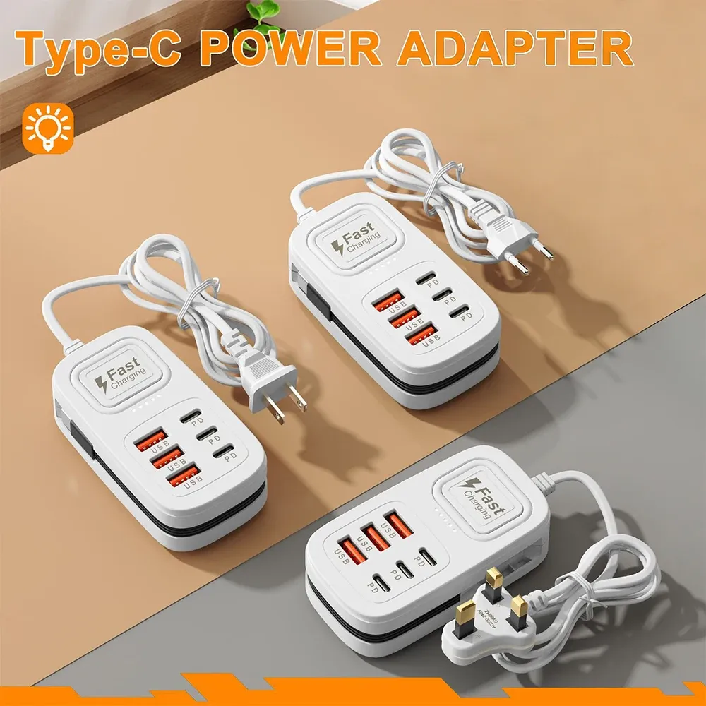 Bloc multiprises USB 6 ports à charge rapide, station de charge de bureau, adaptateur USB HUB avec prises EU/UK/US, 3 ports Type-C et 3 ports USB 5
