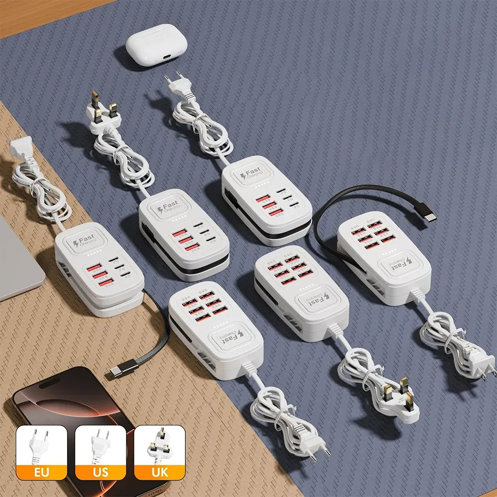 Bloc multiprises USB 6 ports à charge rapide, station de charge de bureau, adaptateur USB HUB avec prises EU/UK/US, 3 ports Type-C et 3 ports USB 6