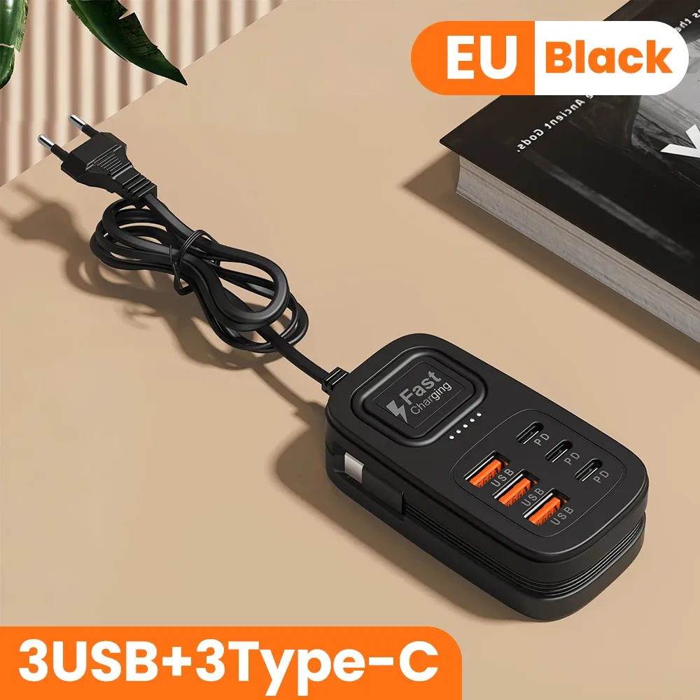 Bloc multiprises USB 6 ports à charge rapide, station de charge de bureau, adaptateur USB HUB avec prises EU/UK/US, 3 ports Type-C et 3 ports USB 9
