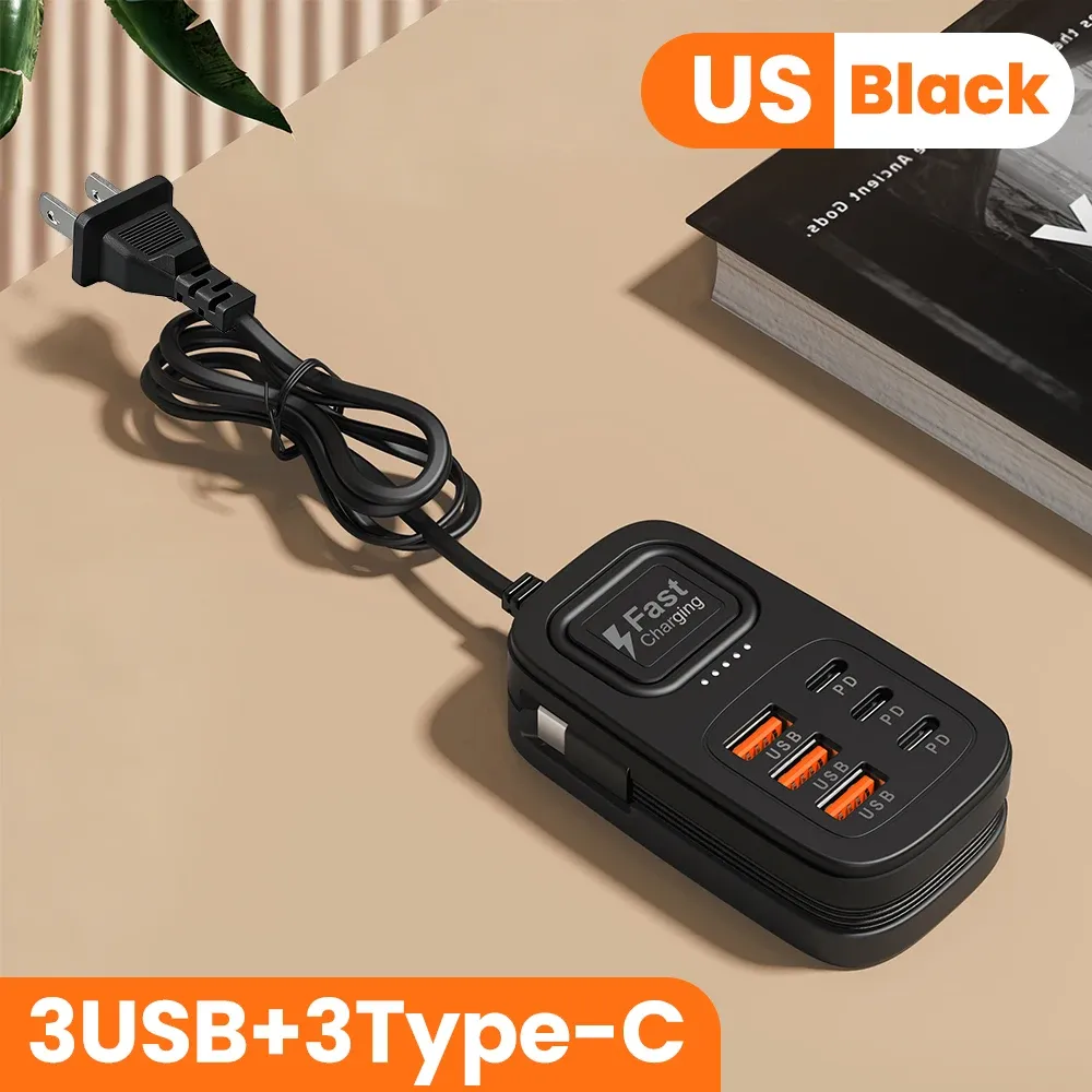 Bloc multiprises USB 6 ports à charge rapide, station de charge de bureau, adaptateur USB HUB avec prises EU/UK/US, 3 ports Type-C et 3 ports USB 10