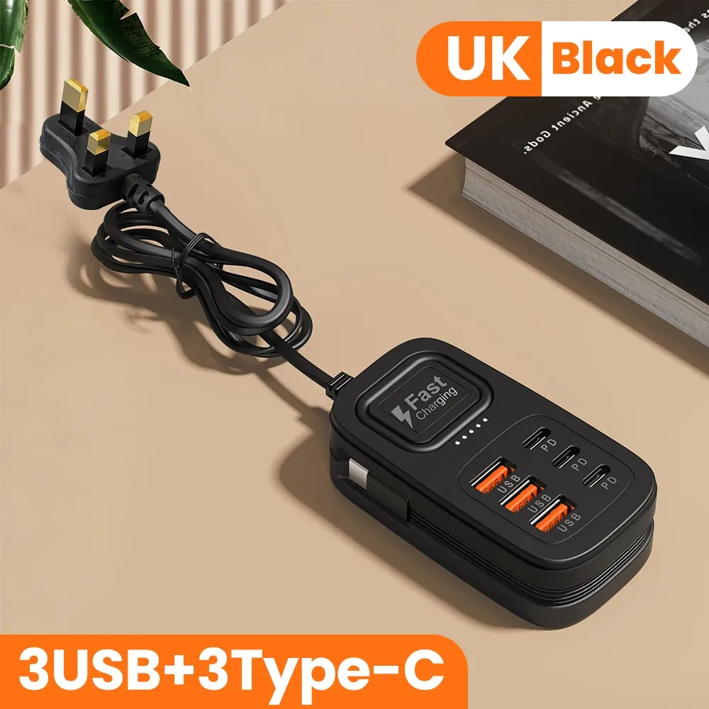 Bloc multiprises USB 6 ports à charge rapide, station de charge de bureau, adaptateur USB HUB avec prises EU/UK/US, 3 ports Type-C et 3 ports USB 11