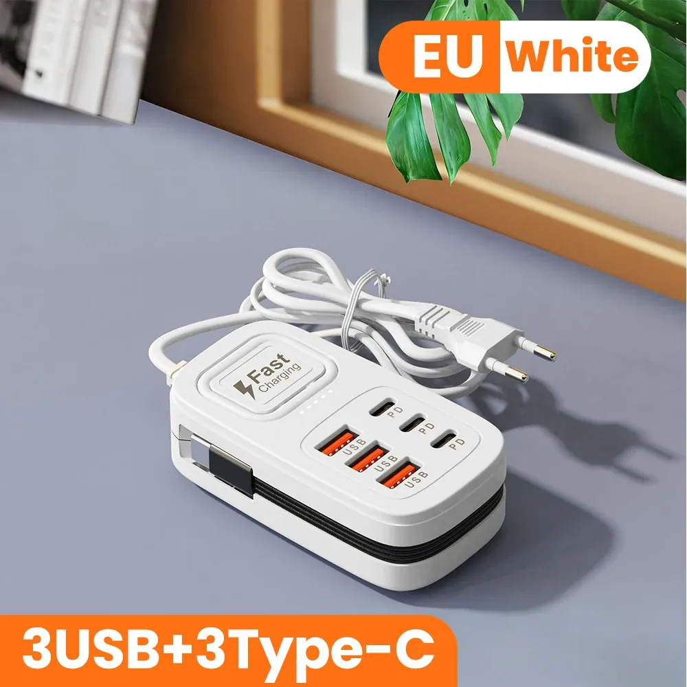 Bloc multiprises USB 6 ports à charge rapide, station de charge de bureau, adaptateur USB HUB avec prises EU/UK/US, 3 ports Type-C et 3 ports USB 12