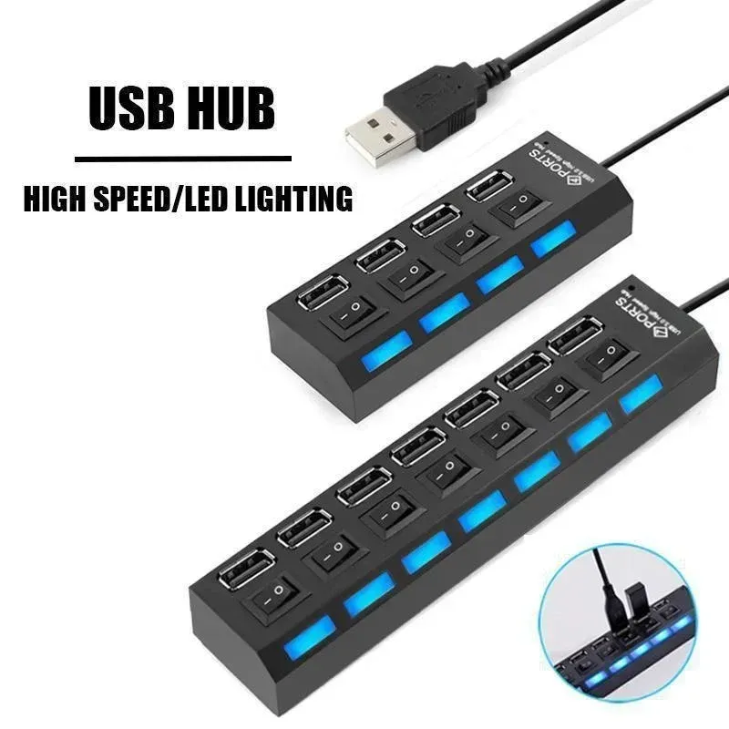 Airies Hub USB 7 en 4 à LED haute vitesse, multiport avec interrupteur marche/arrêt, répartiteur de chargeur pour ordinateur, clé USB, ports 2.0