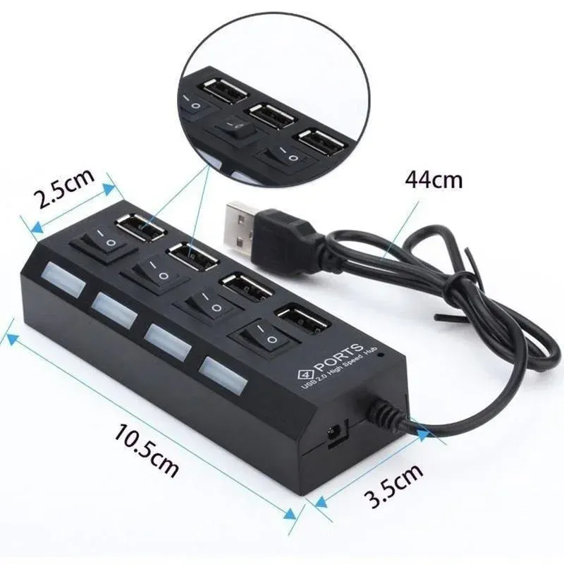 Airies Hub USB 7 en 4 à LED haute vitesse, multiport avec interrupteur marche/arrêt, répartiteur de chargeur pour ordinateur, clé USB, ports 2.0 4