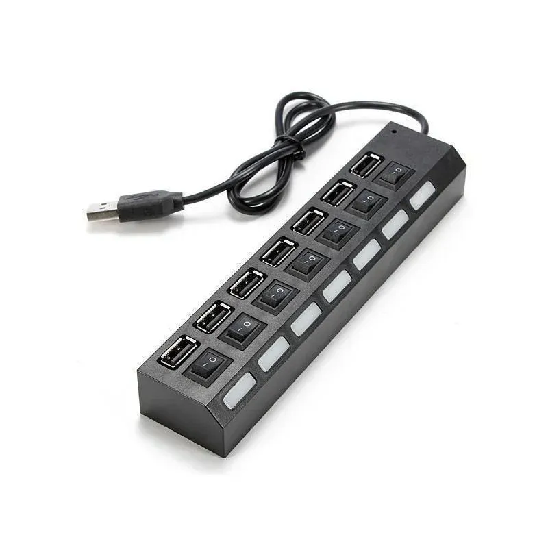 Airies Hub USB 7 en 4 à LED haute vitesse, multiport avec interrupteur marche/arrêt, répartiteur de chargeur pour ordinateur, clé USB, ports 2.0 7