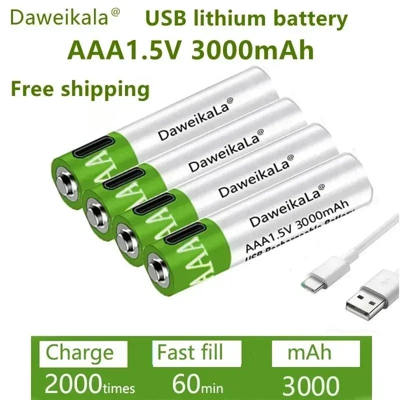 Piles AAA rechargeables USB 1,5 V 3000 mAh Li-ion avec câble USB Type-C