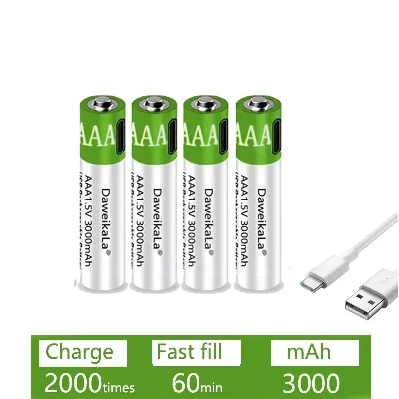 Piles AAA rechargeables USB 1,5 V 3000 mAh Li-ion avec câble USB Type-C 4