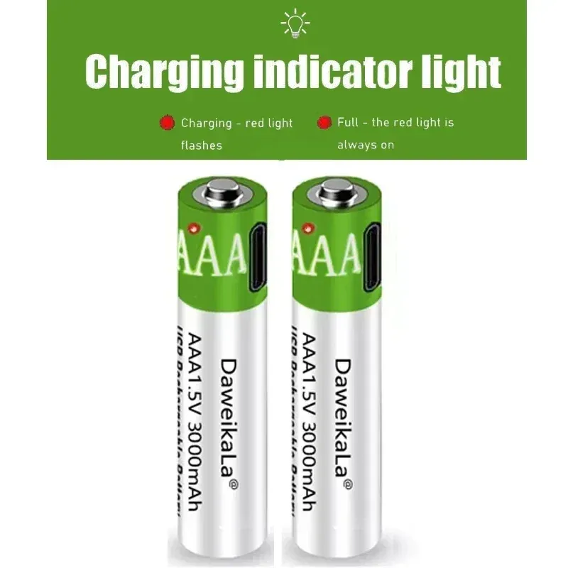 Piles AAA rechargeables USB 1,5 V 3000 mAh Li-ion avec câble USB Type-C 6