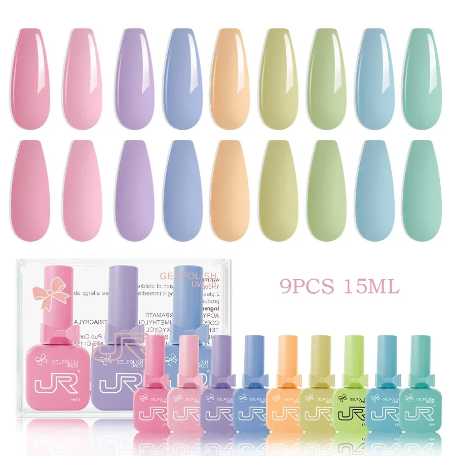 JR Kit de Vernis Gel UV LED à Tremper, Rouge, Rose et Nude, 9 Pièces, 15 ml 14
