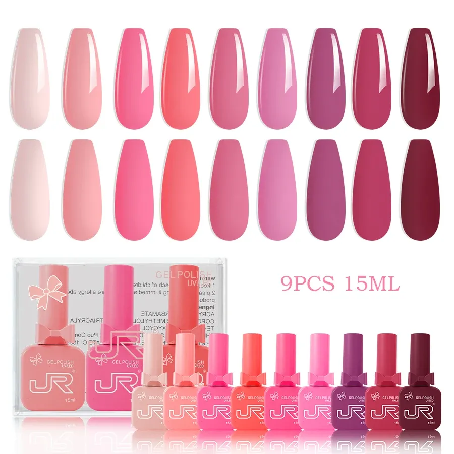 JR Kit de Vernis Gel UV LED à Tremper, Rouge, Rose et Nude, 9 Pièces, 15 ml 15