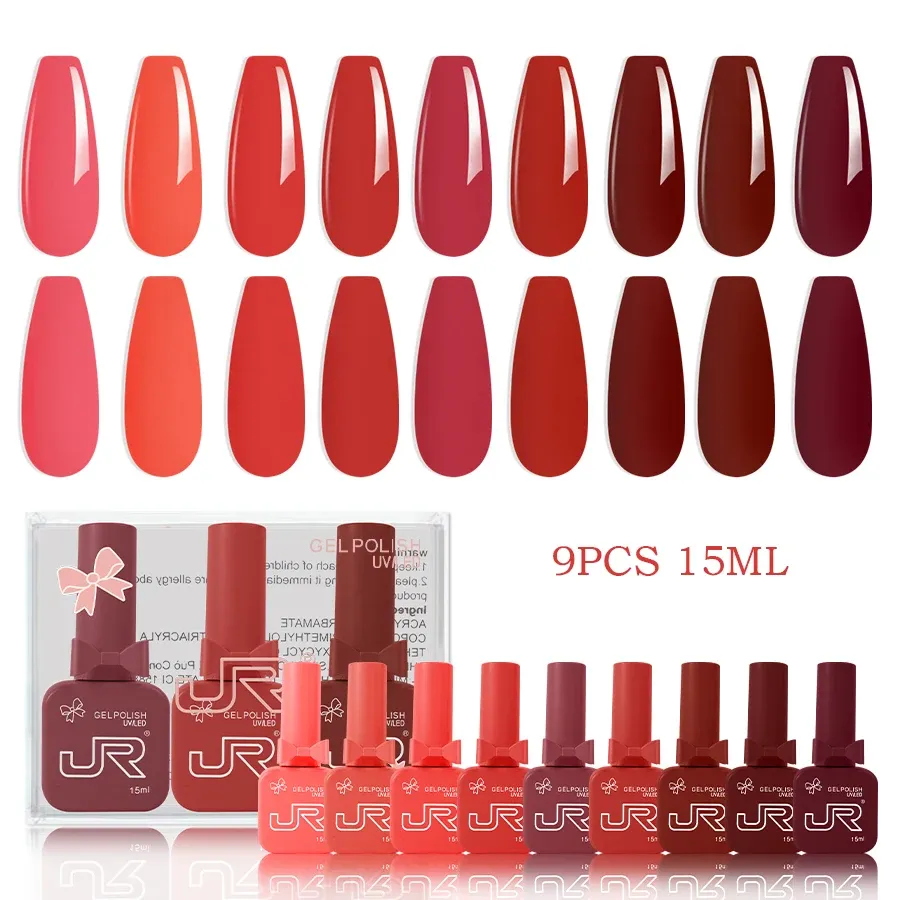 JR Kit de Vernis Gel UV LED à Tremper, Rouge, Rose et Nude, 9 Pièces, 15 ml 12