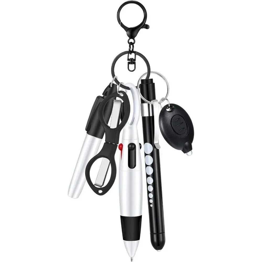 Stylo à bille rétractable multifonction 6 en 1 avec lampe de poche, porte-badge, enrouleur de badge, porte-clés et marqueur permanent pour médecins et infirmières 5