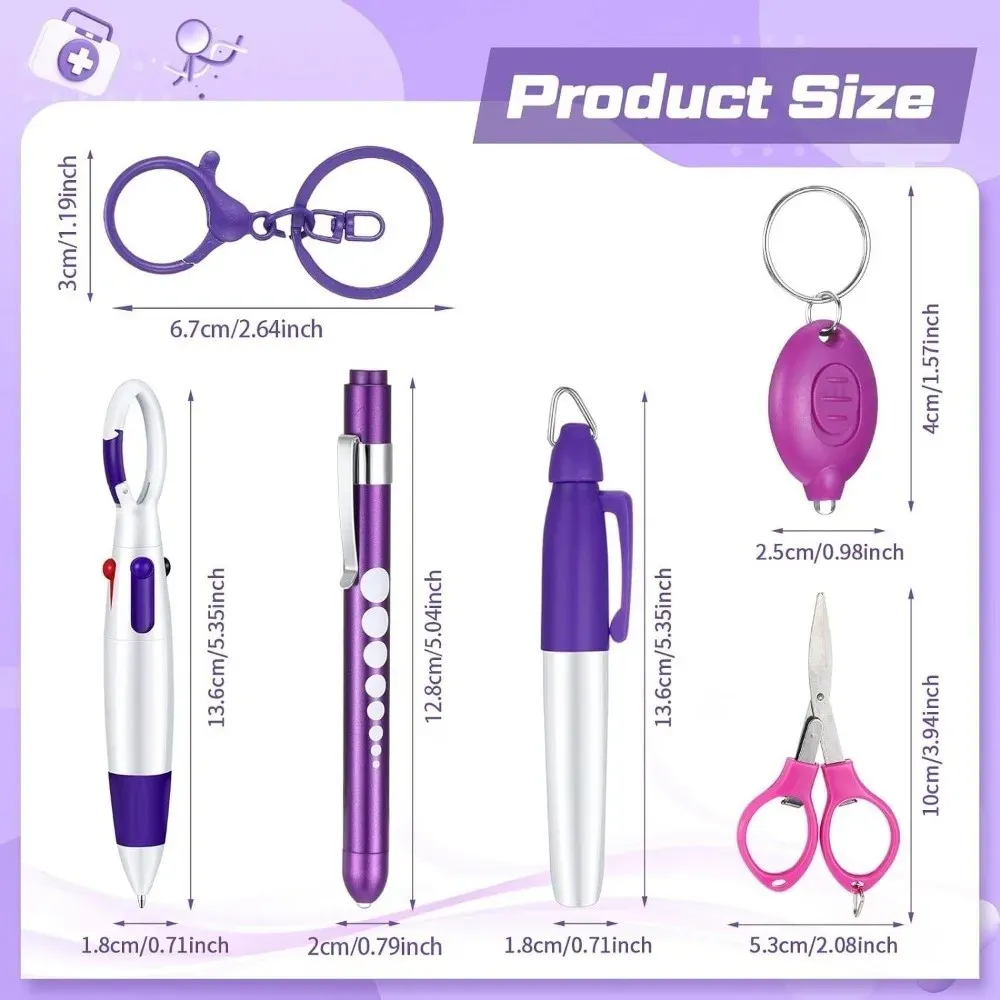 Stylo à bille rétractable multifonction 6 en 1 avec lampe de poche, porte-badge, enrouleur de badge, porte-clés et marqueur permanent pour médecins et infirmières 6