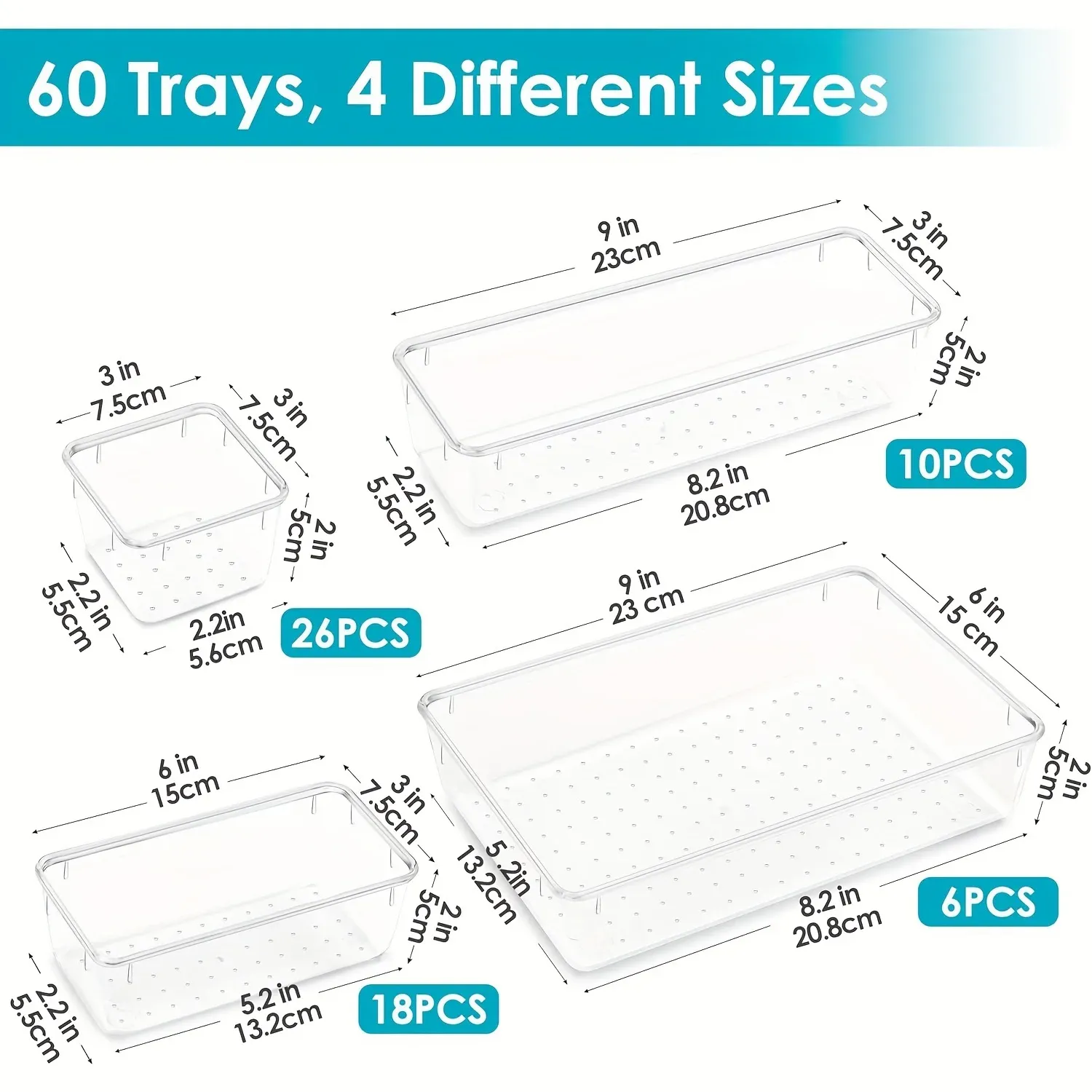 Lot de 6, 9 ou 12 organiseurs de tiroirs en plastique transparent pour rangement de salle de bain, coiffeuse, organisation domestique et kit de maquillage 6