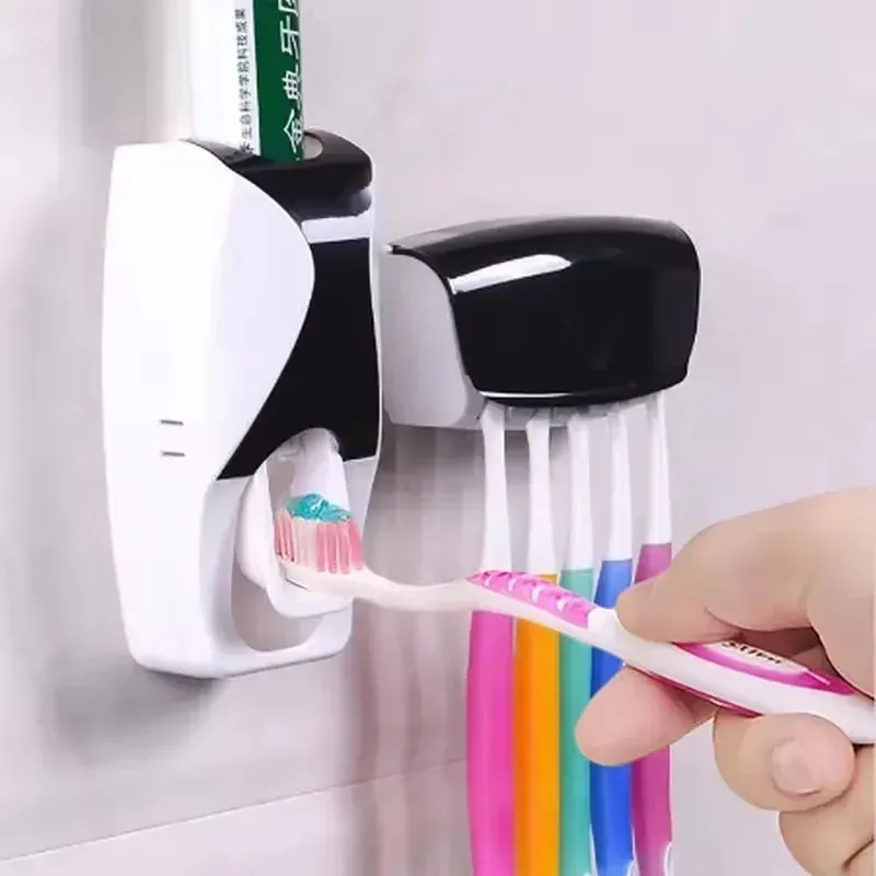 Porte-brosse à dents avec distributeur automatique de dentifrice, support mural de rangement pour salle de bain (lot de 1)