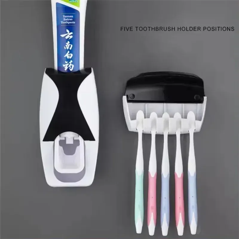 Porte-brosse à dents avec distributeur automatique de dentifrice, support mural de rangement pour salle de bain (lot de 1) 2