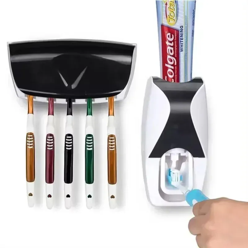 Porte-brosse à dents avec distributeur automatique de dentifrice, support mural de rangement pour salle de bain (lot de 1) 5