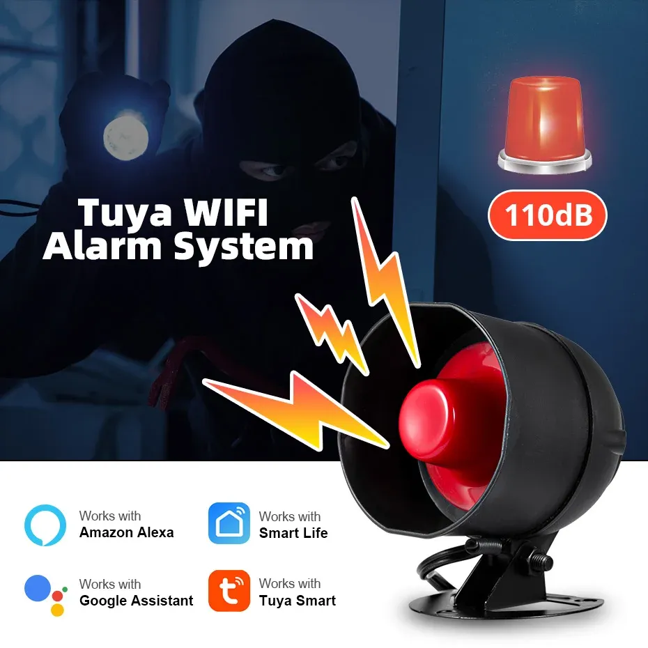 KERbiomtuya Système d'alarme de sécurité intelligent sans fil avec sirène, détecteur de mouvement et capteur de porte, Wi-Fi, compatible Google Home et Alexa, 433 MHz 3
