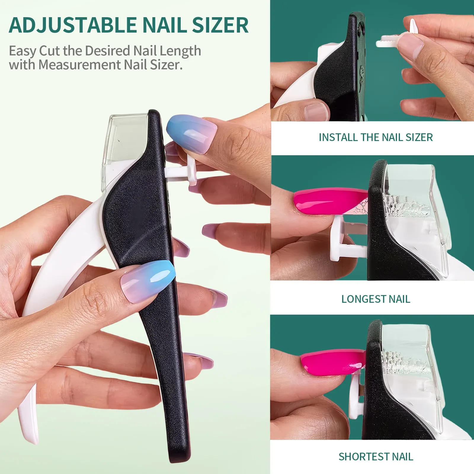Coupe-ongles en forme de U en acrylique, ciseaux pour faux ongles avec pointe fine, coupe-bords pour manucure avec calibre intégré 3