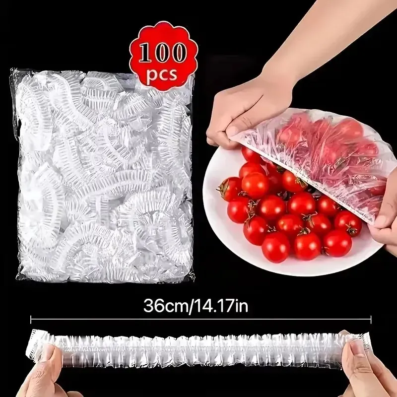 Sac de conservation alimentaire élastique transparent et réutilisable, lot de 100, couvercles extensibles en plastique, joints pour bols et assiettes, sacs de rangement sans parfum - Image 1