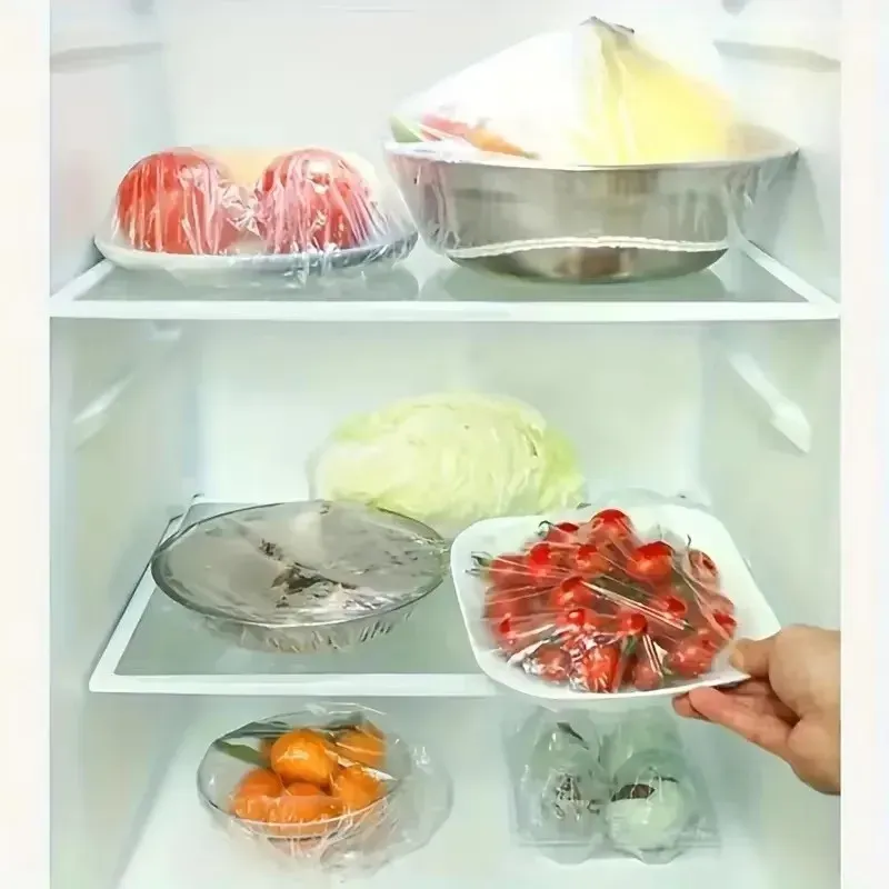 Sac de conservation alimentaire élastique transparent et réutilisable, lot de 100, couvercles extensibles en plastique, joints pour bols et assiettes, sacs de rangement sans parfum 5
