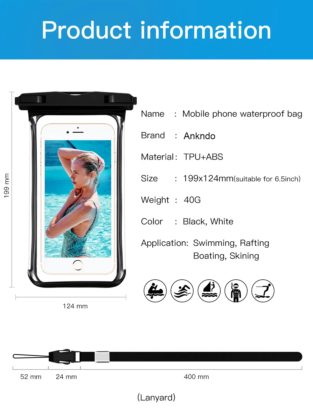 Étui étanche universel pour smartphone, pochette sèche de natation compatible iPhone, Huawei, Samsung et Xiaomi 6