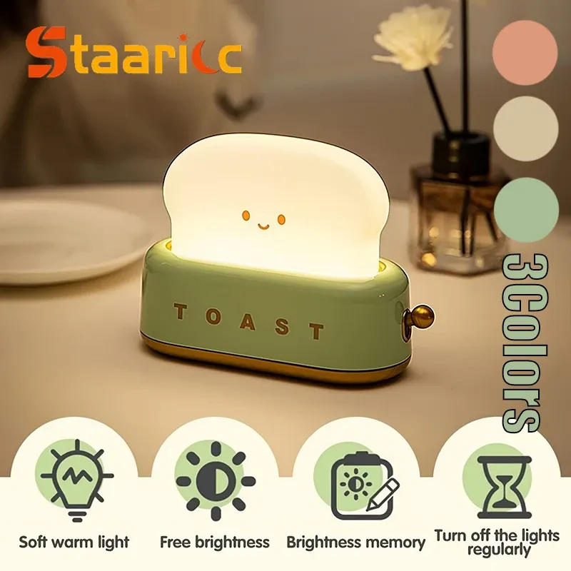Veilleuse rechargeable en forme de toast avec visage souriant et intensité réglable, lampe de chevet décorative pour chambre, bureau ou salon