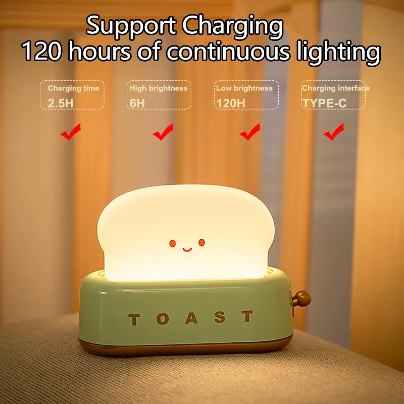 Veilleuse rechargeable en forme de toast avec visage souriant et intensité réglable, lampe de chevet décorative pour chambre, bureau ou salon 4