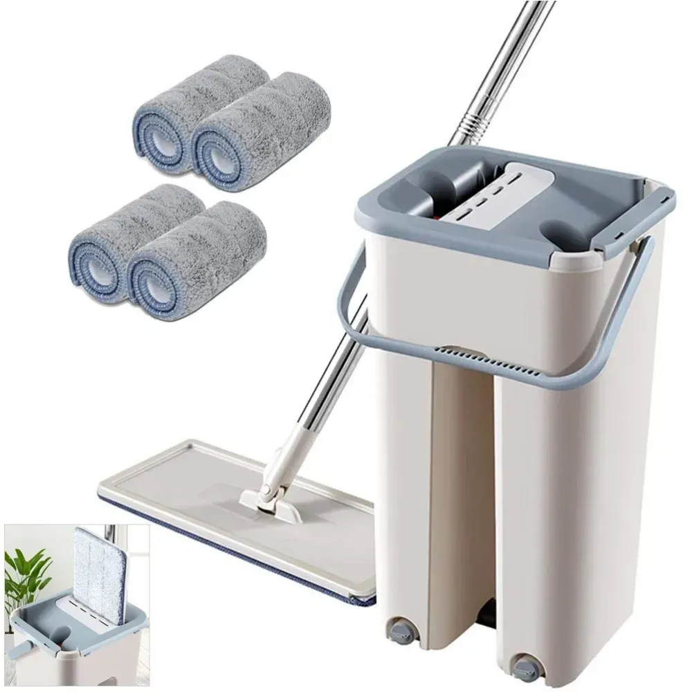 Ensemble balai plat et seau avec manche extensible et essoreur en microfibre, pour le nettoyage humide et sec des sols en bois dur, stratifié et carrelage - Image 1