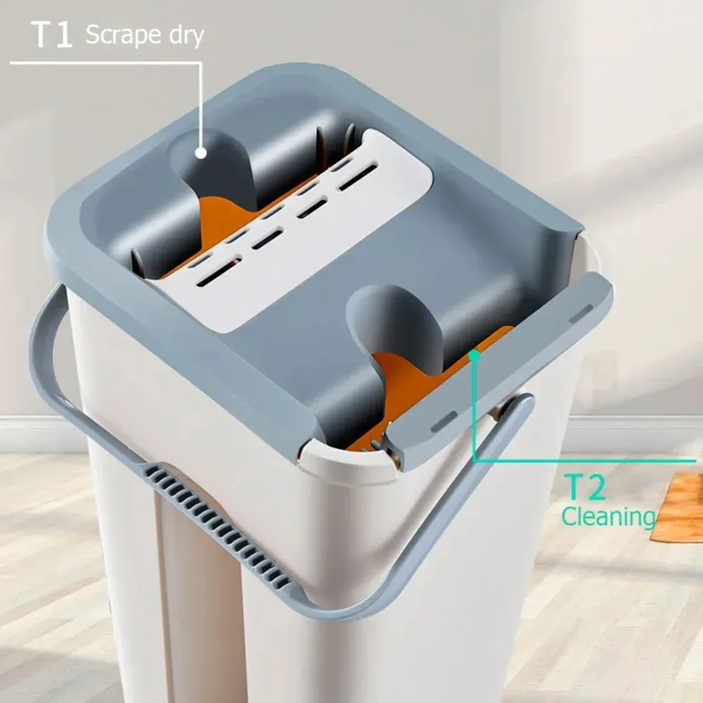 Ensemble balai plat et seau avec manche extensible et essoreur en microfibre, pour le nettoyage humide et sec des sols en bois dur, stratifié et carrelage 2