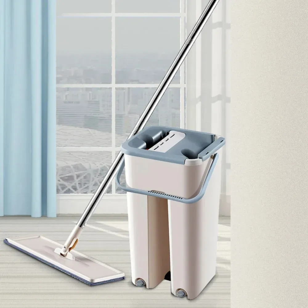 Ensemble balai plat et seau avec manche extensible et essoreur en microfibre, pour le nettoyage humide et sec des sols en bois dur, stratifié et carrelage 3