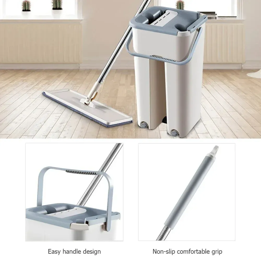 Ensemble balai plat et seau avec manche extensible et essoreur en microfibre, pour le nettoyage humide et sec des sols en bois dur, stratifié et carrelage 5