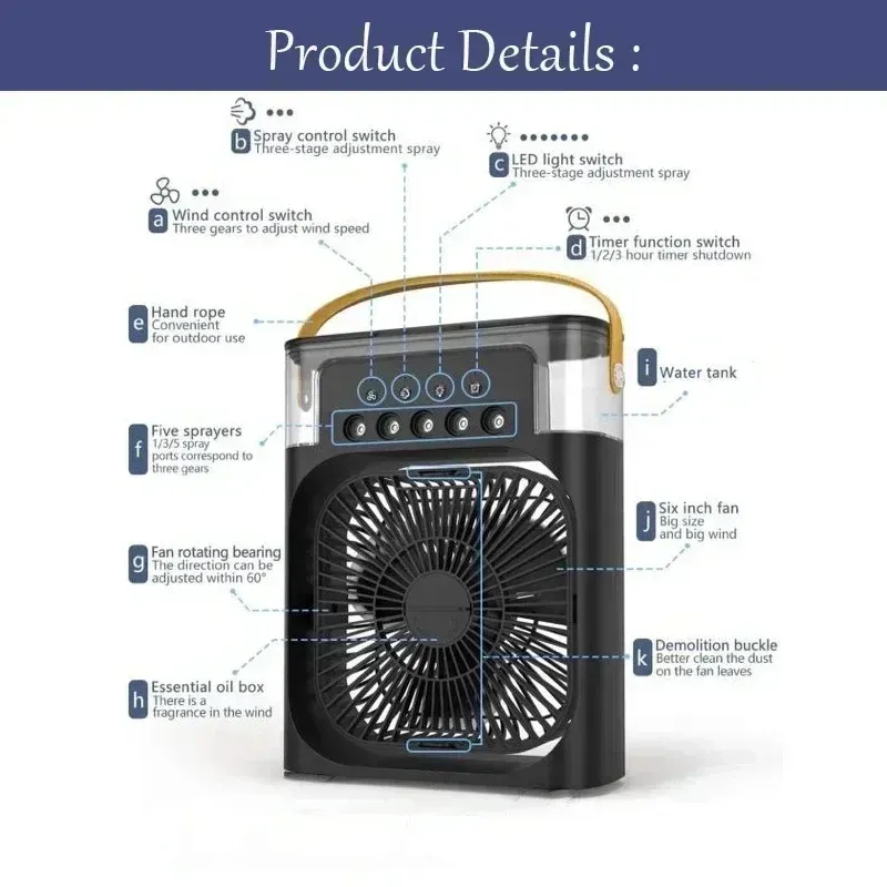 Ventilateur refroidisseur d'air 3 en 1 portable avec humidificateur et veilleuse LED pour bureau et maison 5