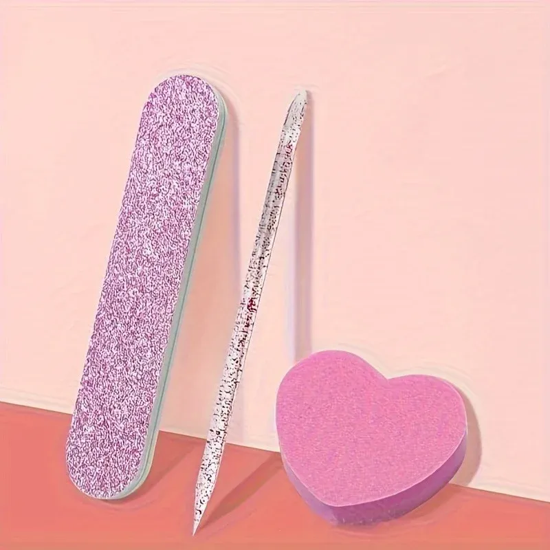 Kit de soin des ongles rose pailleté 12 pièces – Polissoir cœur, tige en cristal et lime double face pour nail art et pédicure 3