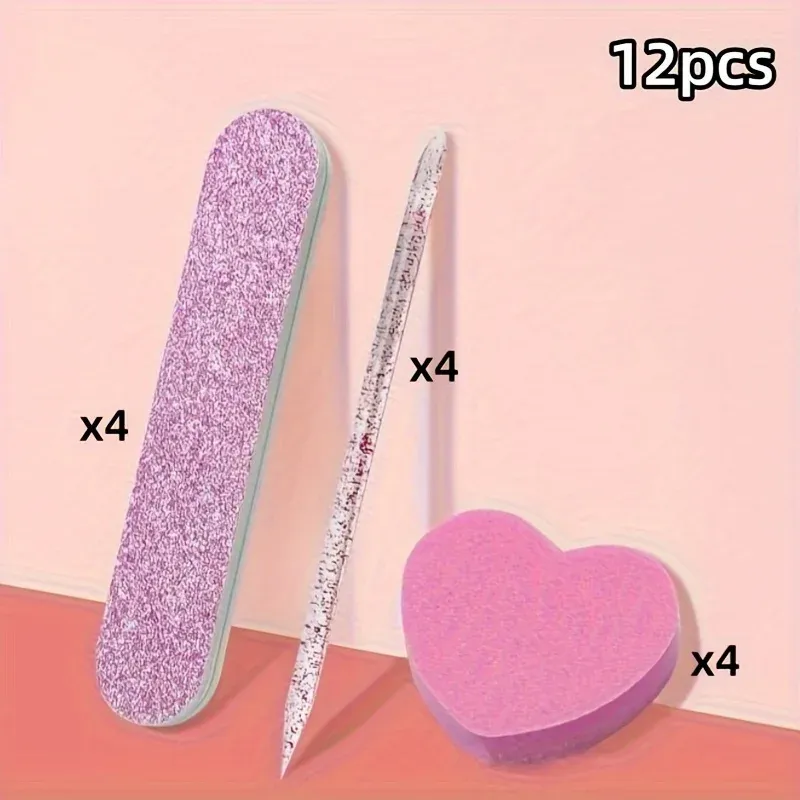 Kit de soin des ongles rose pailleté 12 pièces – Polissoir cœur, tige en cristal et lime double face pour nail art et pédicure 4