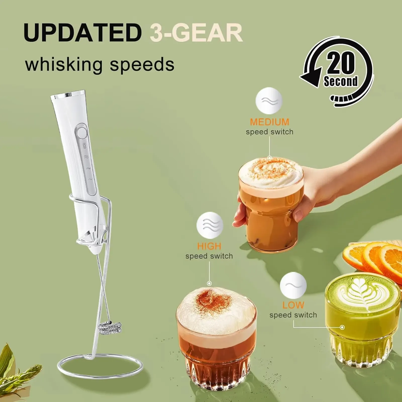 Mousseur à lait électrique rechargeable à double fouet, 3 vitesses, batteur à œufs portatif 3
