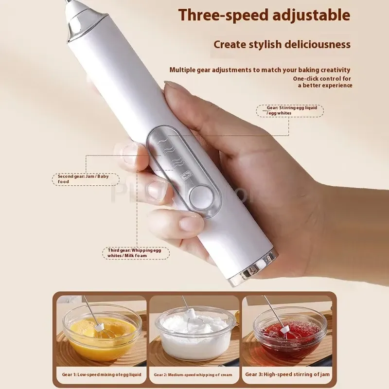 Mousseur à lait électrique rechargeable à double fouet, 3 vitesses, batteur à œufs portatif 4