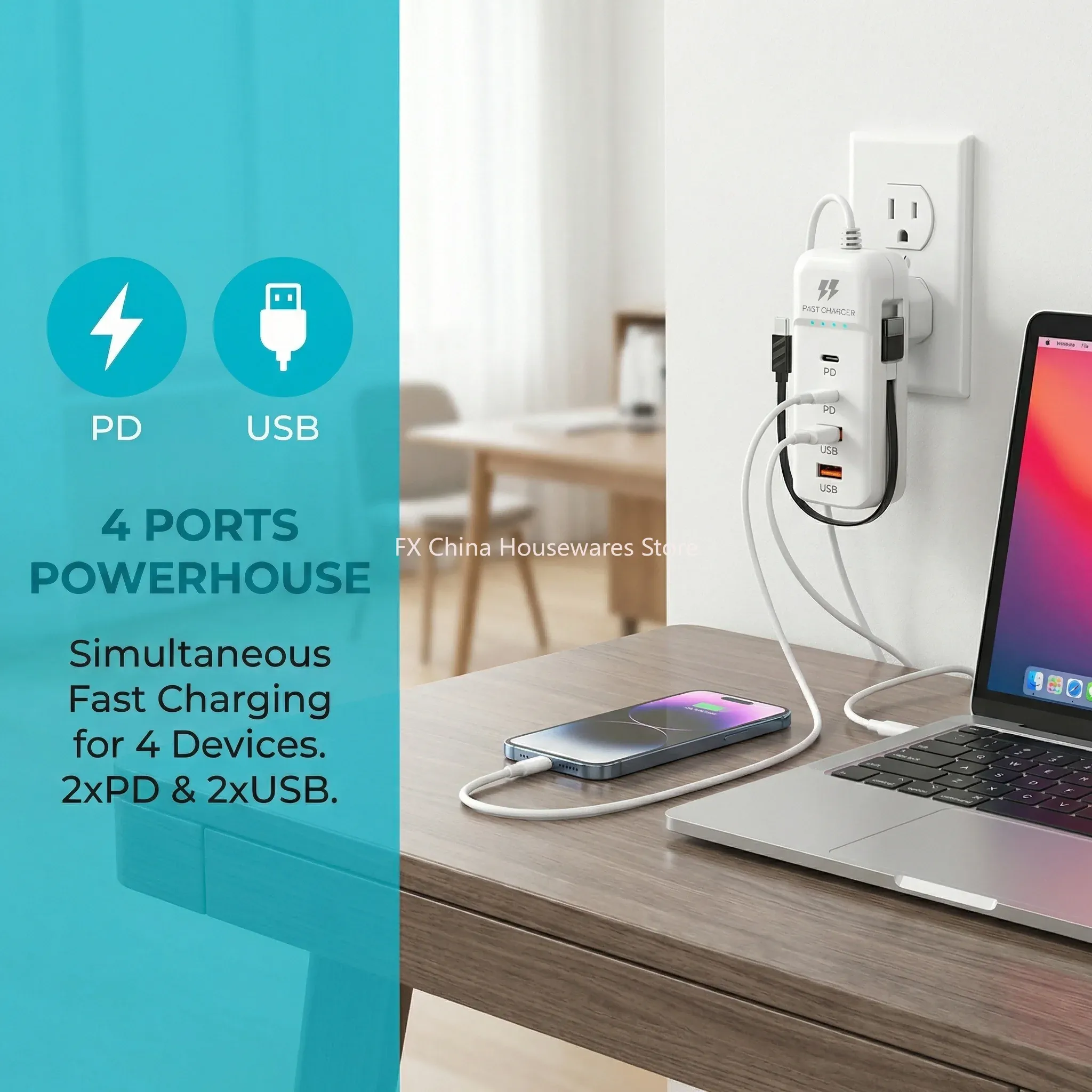 Chargeur USB-C PD à charge rapide multiport, prises EU/US 4