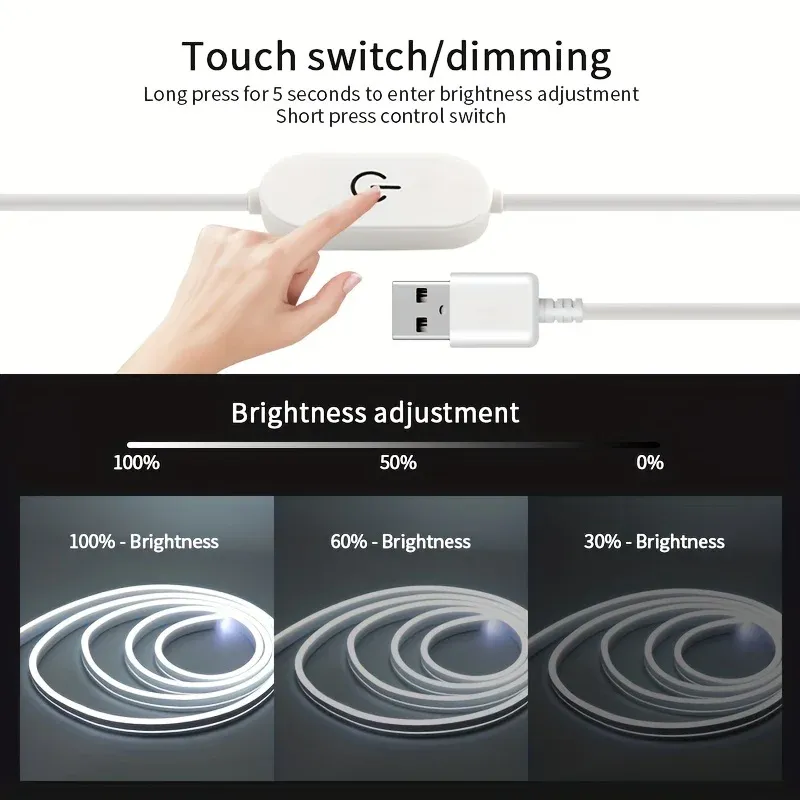 Bande lumineuse LED néon USB 5 V avec interrupteur tactile, en silicone flexible, étanche, pour décoration extérieure 2