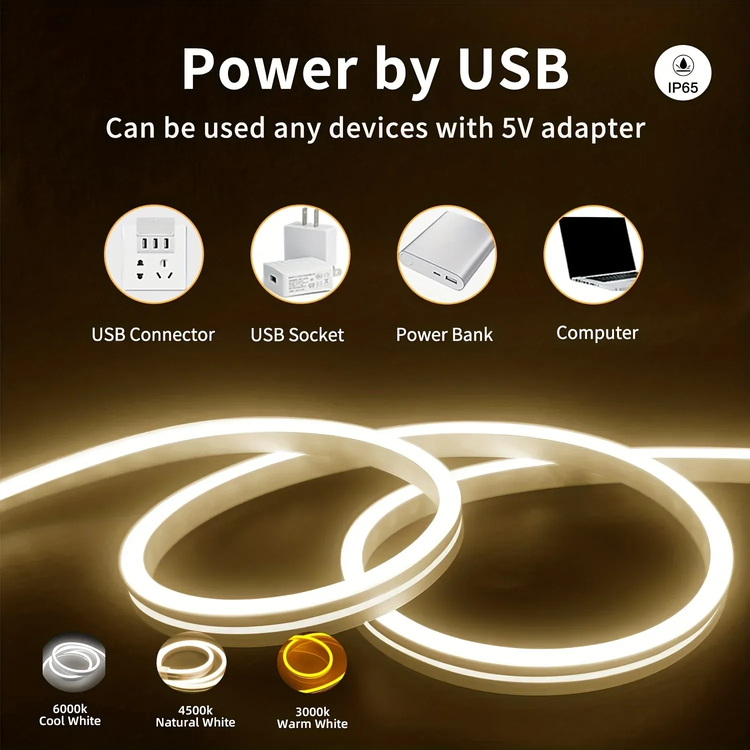 Bande lumineuse LED néon USB 5 V avec interrupteur tactile, en silicone flexible, étanche, pour décoration extérieure 3