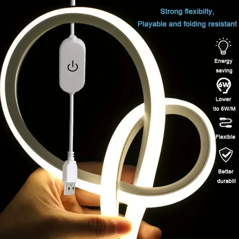 Bande lumineuse LED néon USB 5 V avec interrupteur tactile, en silicone flexible, étanche, pour décoration extérieure 1