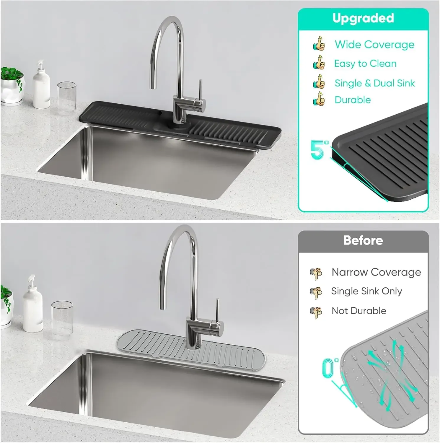 Tapis de robinet en silicone, 24 pouces, protection contre les éclaboussures pour évier de cuisine et salle de bains 5