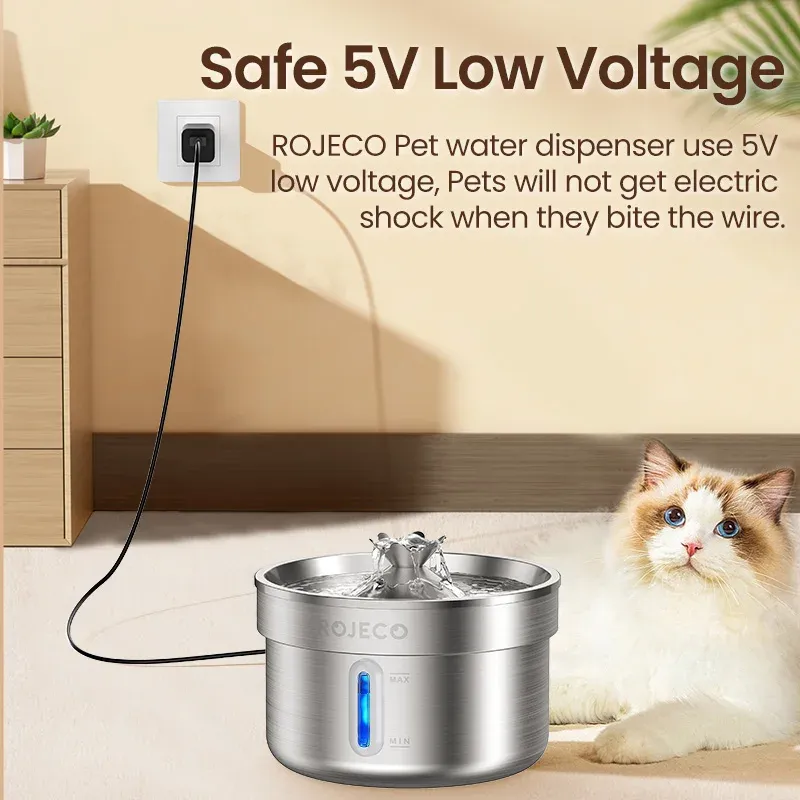 ROJECO Fontaine à eau automatique en acier inoxydable pour animaux de compagnie, distributeur d'eau intelligent pour chats et chiens 2
