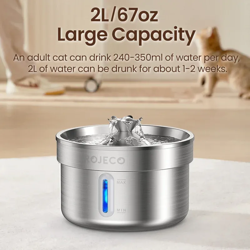 ROJECO Fontaine à eau automatique en acier inoxydable pour animaux de compagnie, distributeur d'eau intelligent pour chats et chiens 3