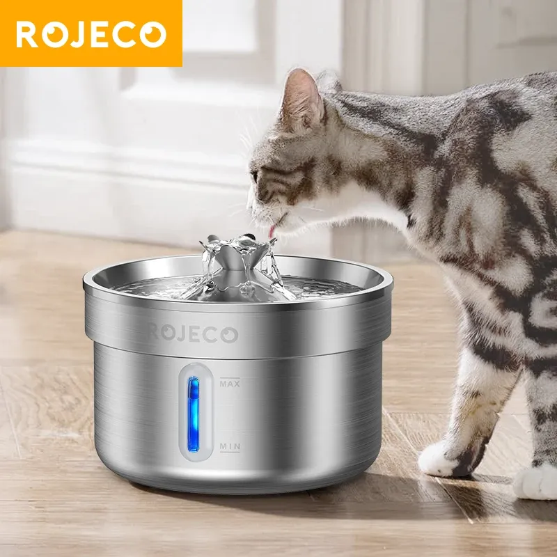 ROJECO Fontaine à eau automatique en acier inoxydable pour animaux de compagnie, distributeur d'eau intelligent pour chats et chiens - Image 1